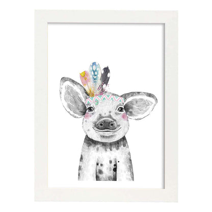 Lámina infantil Cerdo con plumas de colores poster animales infantiles-Artwork-Nacnic-A4-Marco Blanco-Nacnic Estudio SL