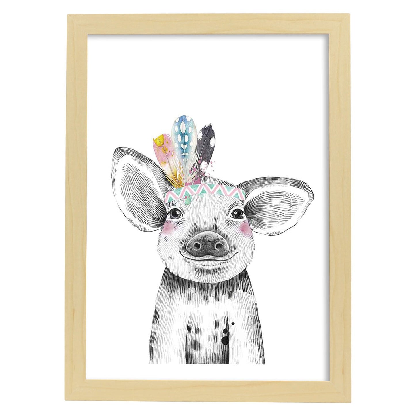 Lámina infantil Cerdo con plumas de colores poster animales infantiles-Artwork-Nacnic-A4-Marco Madera clara-Nacnic Estudio SL