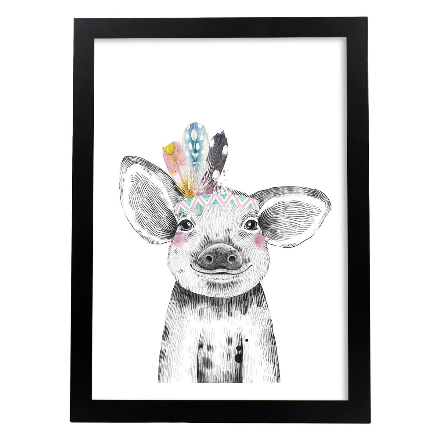 Lámina infantil Cerdo con plumas de colores poster animales infantiles-Artwork-Nacnic-A4-Marco Negro-Nacnic Estudio SL