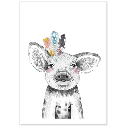 Lámina infantil Cerdo con plumas de colores poster animales infantiles-Artwork-Nacnic-A4-Sin marco-Nacnic Estudio SL