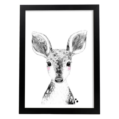 Lámina infantil Ciervo bebe blanco y negro poster animales infantiles-Artwork-Nacnic-A4-Marco Negro-Nacnic Estudio SL