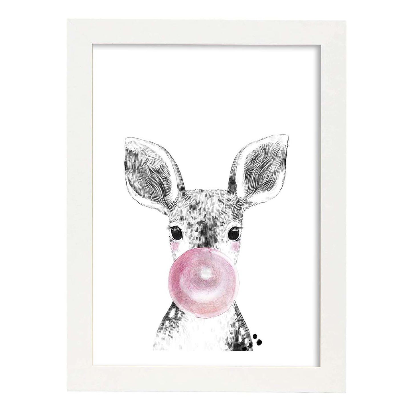 Lámina infantil Ciervo bebe con chicle rosa poster animales infantiles-Artwork-Nacnic-A3-Marco Blanco-Nacnic Estudio SL