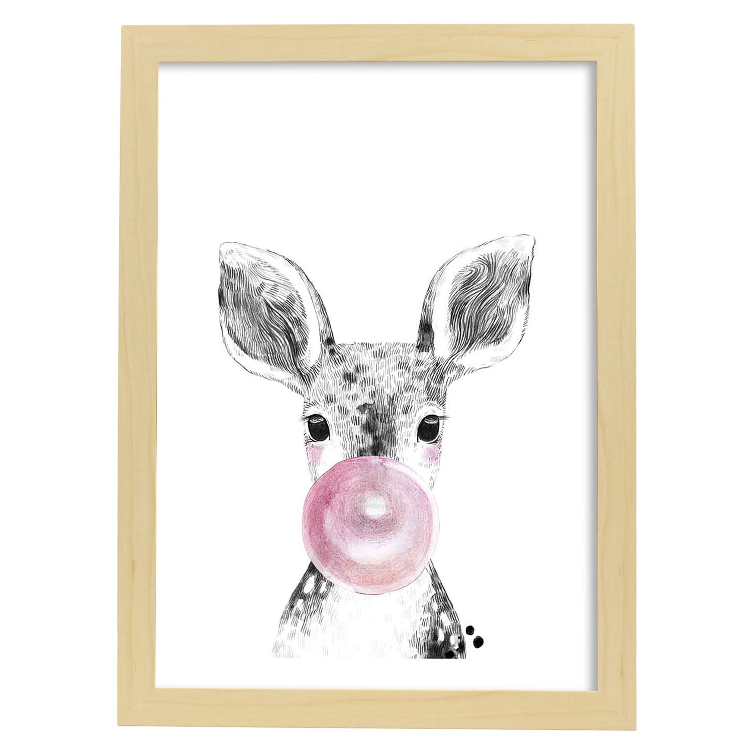 Lámina infantil Ciervo bebe con chicle rosa poster animales infantiles-Artwork-Nacnic-A3-Marco Madera clara-Nacnic Estudio SL