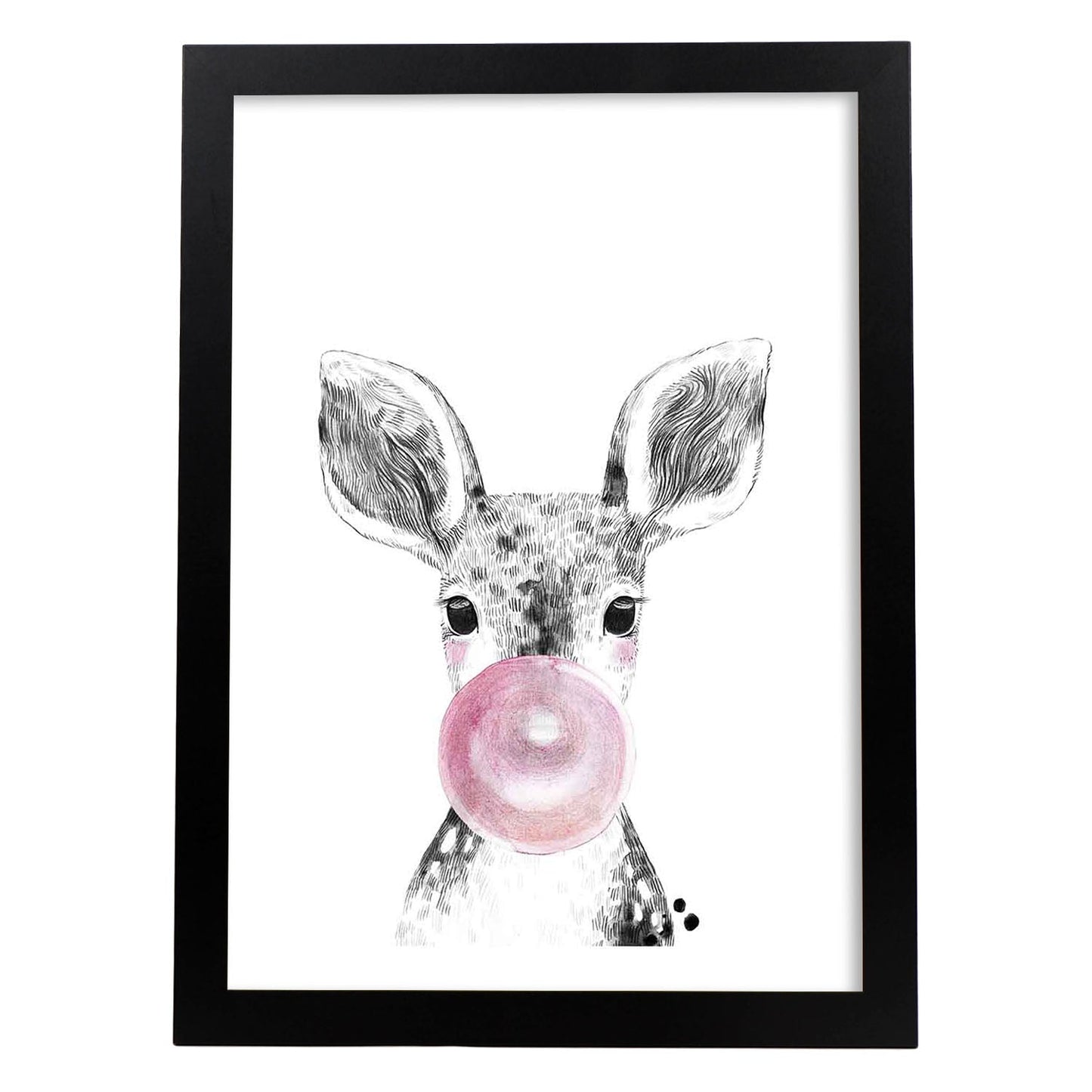 Lámina infantil Ciervo bebe con chicle rosa poster animales infantiles-Artwork-Nacnic-A3-Marco Negro-Nacnic Estudio SL