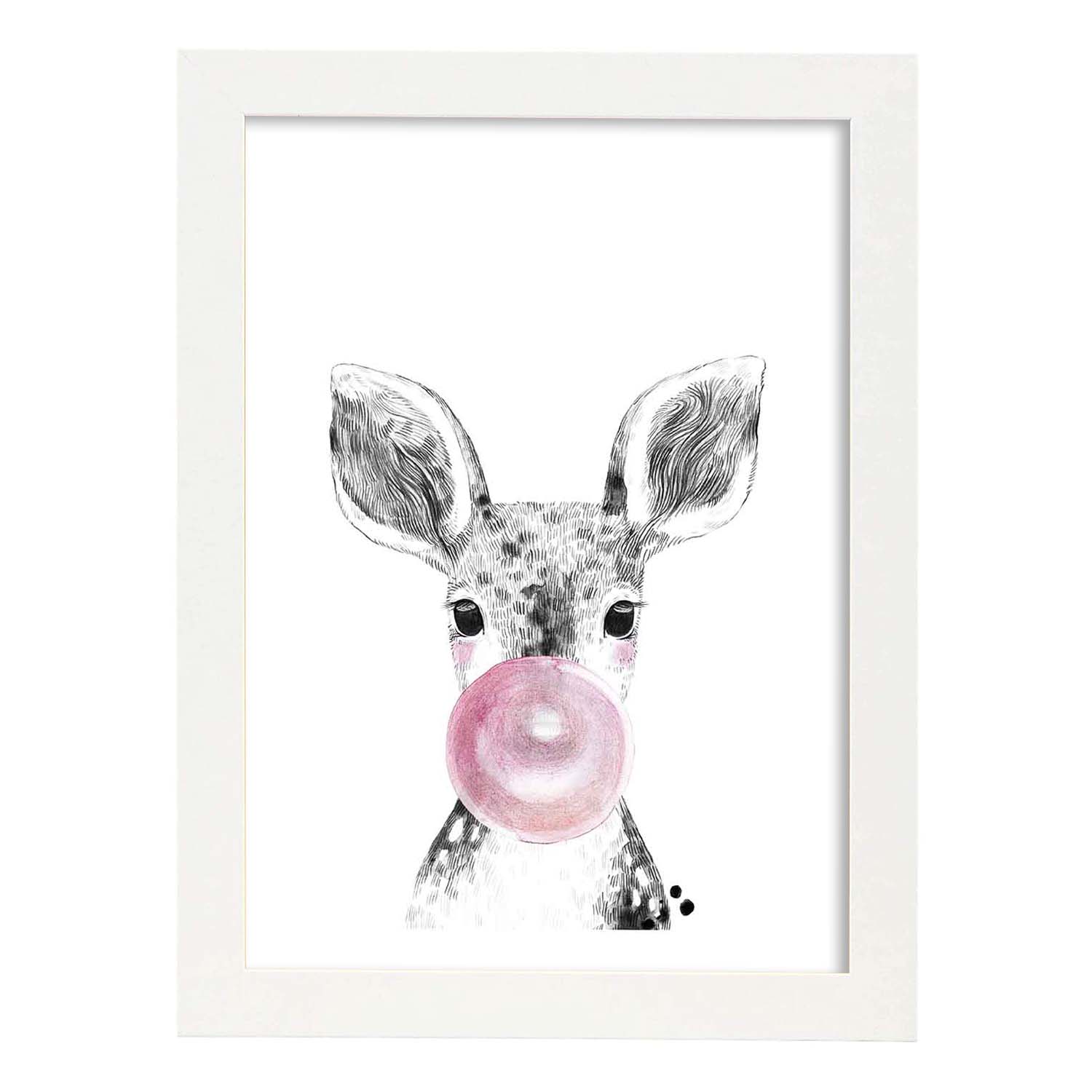 Lámina infantil Ciervo bebe con chicle rosa poster animales infantiles-Artwork-Nacnic-A4-Marco Blanco-Nacnic Estudio SL