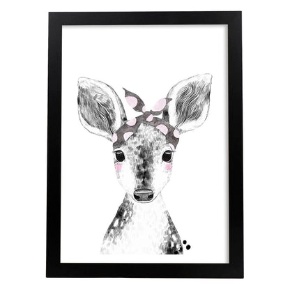 Lámina infantil Ciervo bebe con pañuelo en la cabeza poster animales infantiles-Artwork-Nacnic-A4-Marco Negro-Nacnic Estudio SL