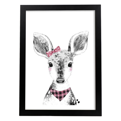 Lámina infantil Ciervo bebe pañuelo y lazo rosa poster animales infantiles-Artwork-Nacnic-A4-Marco Negro-Nacnic Estudio SL