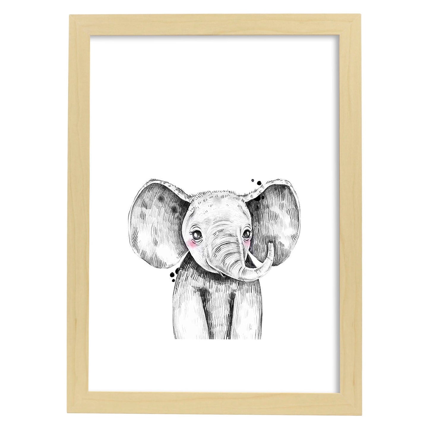 Lámina infantil Elefante infantil blanco y negro Poster animales infantiles-Artwork-Nacnic-A3-Marco Madera clara-Nacnic Estudio SL