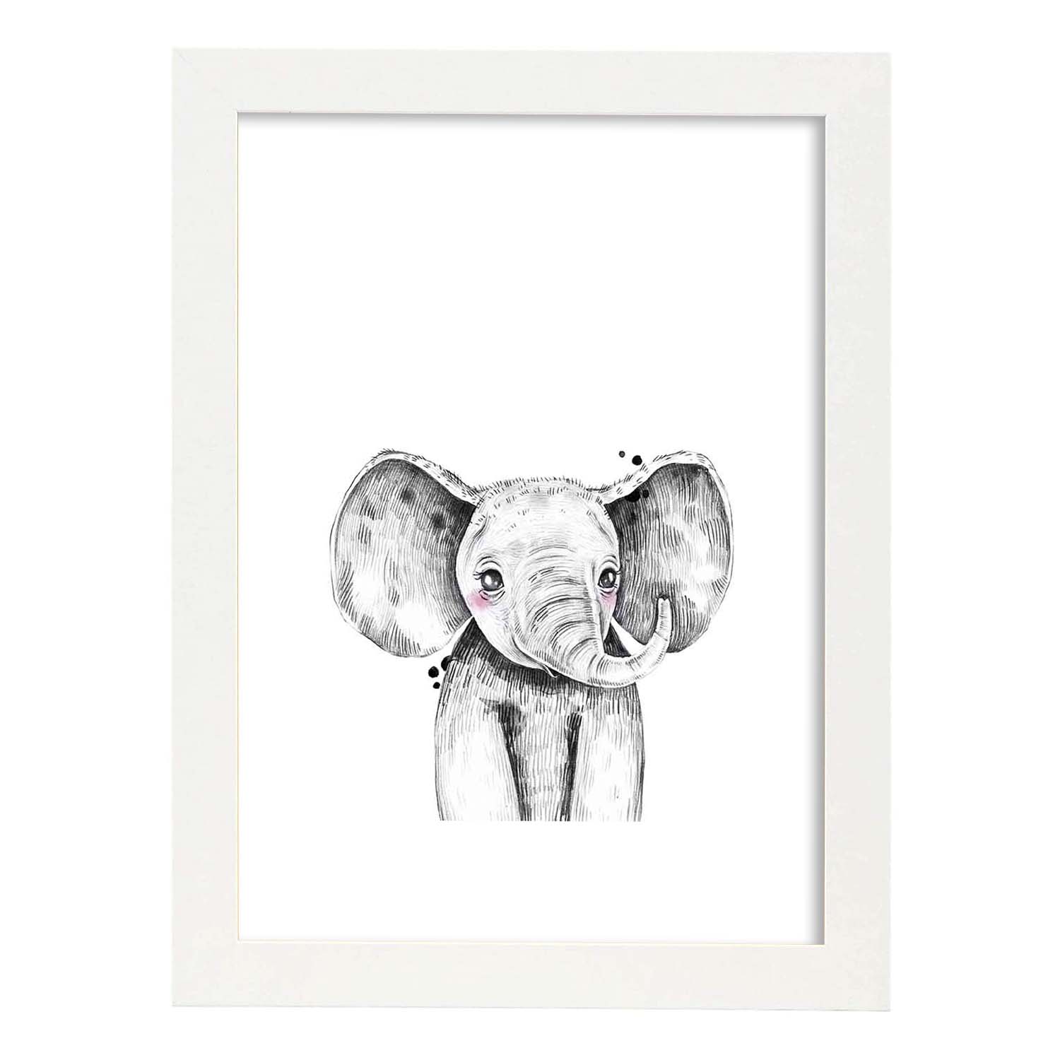 Lámina infantil Elefante infantil blanco y negro Poster animales infantiles-Artwork-Nacnic-A4-Marco Blanco-Nacnic Estudio SL