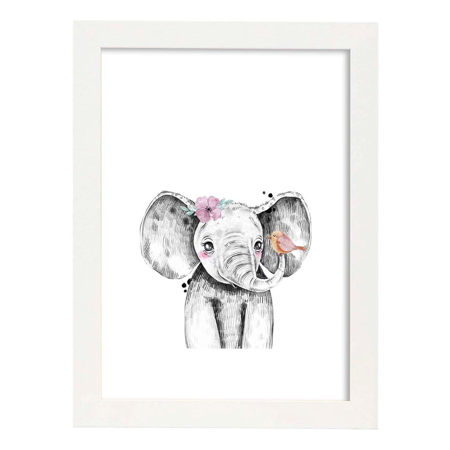Lámina infantil Elefante infantil con flor y pajaro Poster animales infantiles-Artwork-Nacnic-A3-Marco Blanco-Nacnic Estudio SL