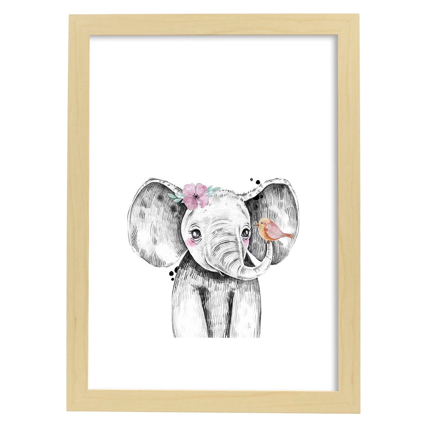 Lámina infantil Elefante infantil con flor y pajaro Poster animales infantiles-Artwork-Nacnic-A3-Marco Madera clara-Nacnic Estudio SL
