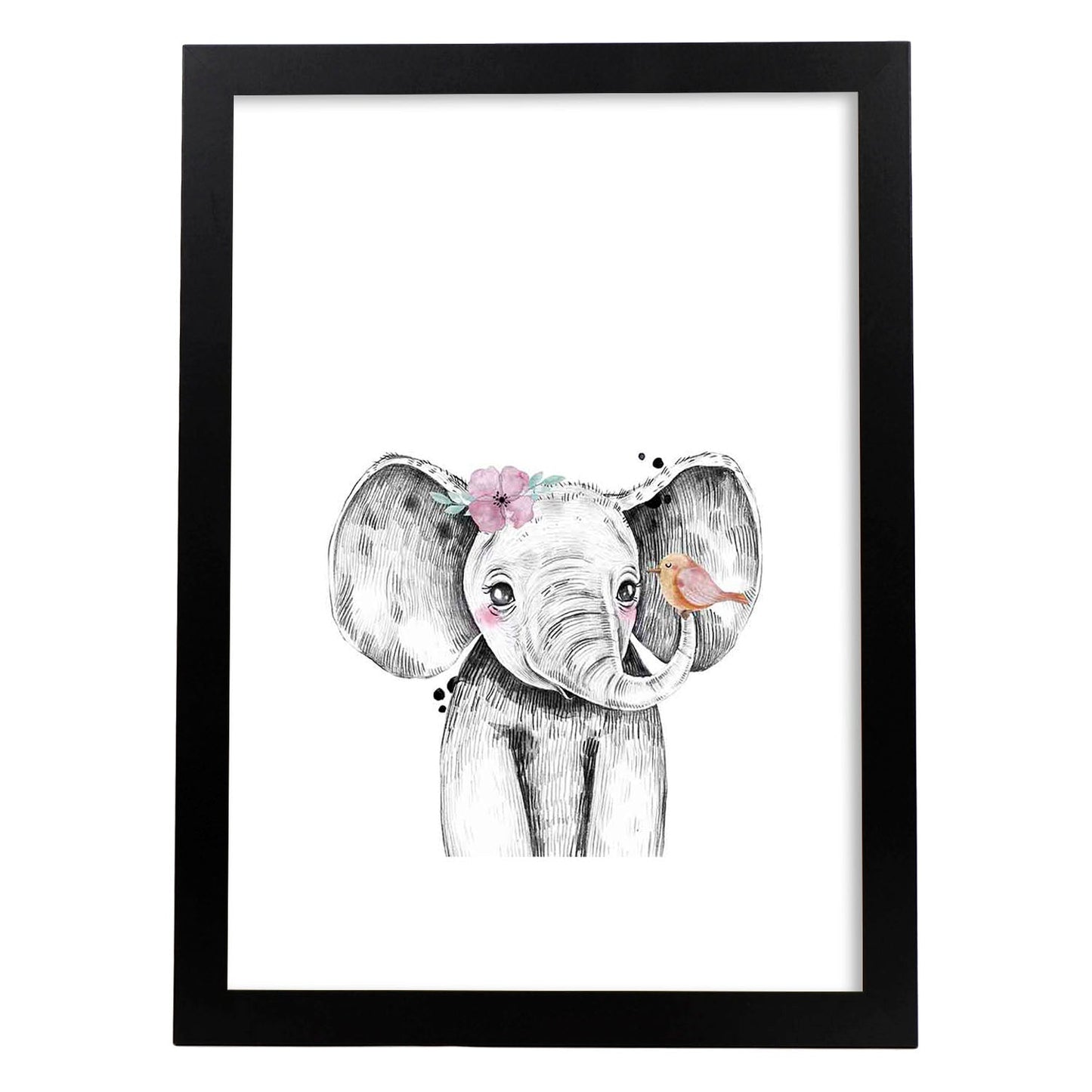Lámina infantil Elefante infantil con flor y pajaro Poster animales infantiles-Artwork-Nacnic-A3-Marco Negro-Nacnic Estudio SL