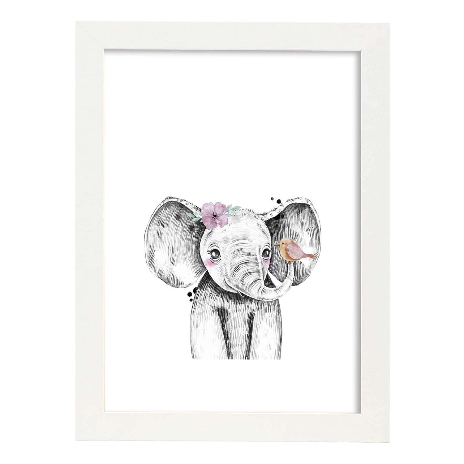 Lámina infantil Elefante infantil con flor y pajaro Poster animales infantiles-Artwork-Nacnic-A4-Marco Blanco-Nacnic Estudio SL