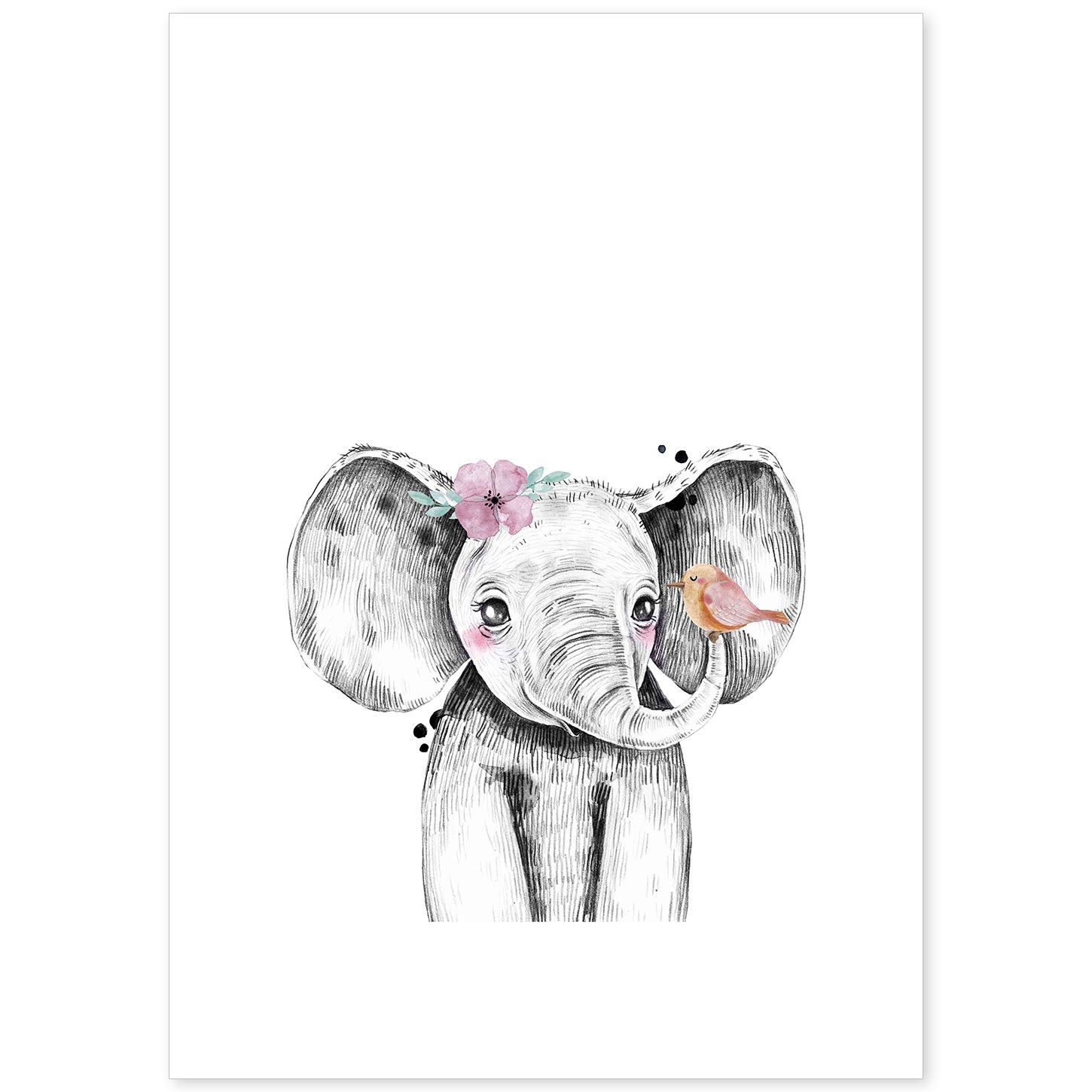 Lámina infantil Elefante infantil con flor y pajaro Poster animales infantiles-Artwork-Nacnic-A4-Sin marco-Nacnic Estudio SL