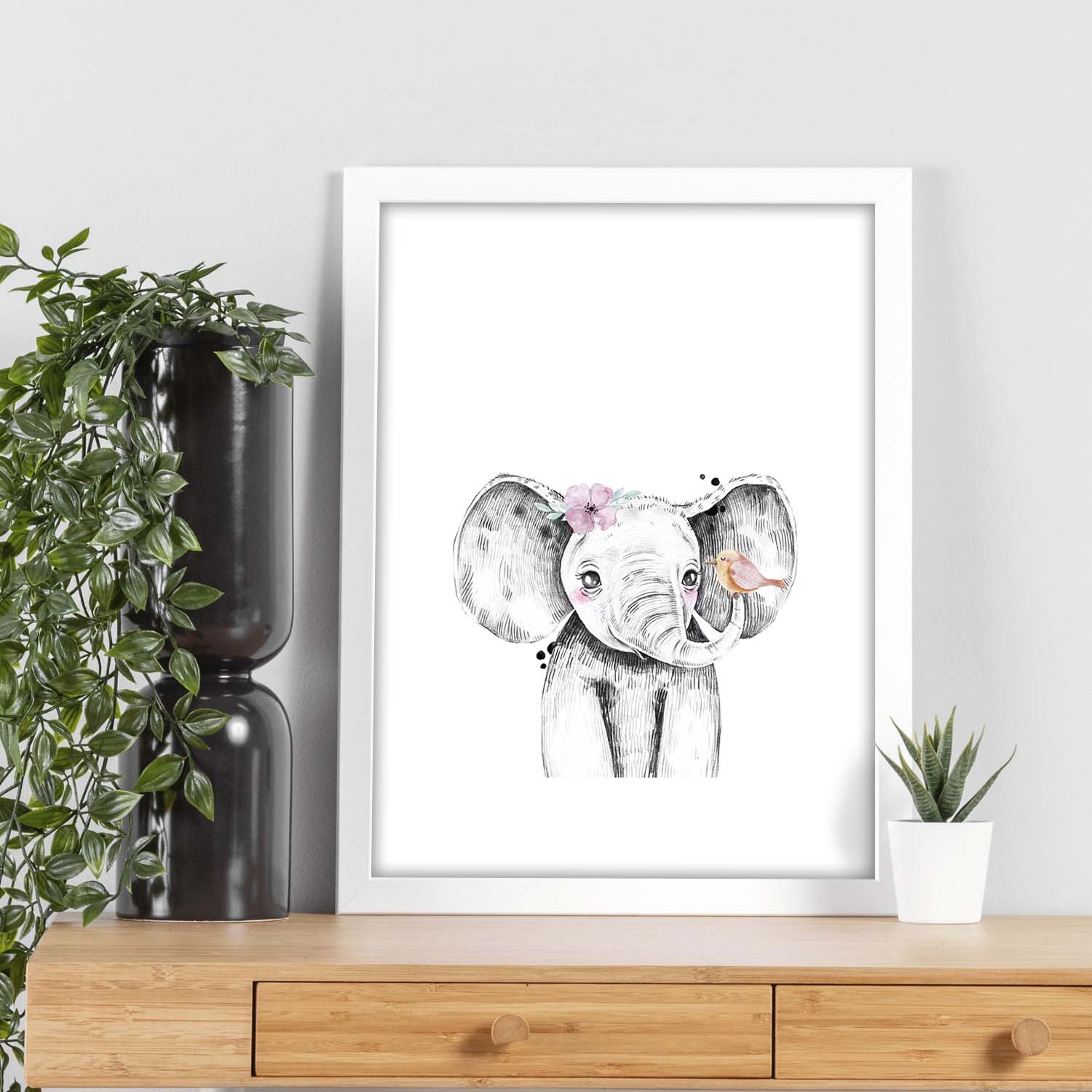 Lámina infantil Elefante infantil con flor y pajaro Poster animales infantiles-Artwork-Nacnic-Nacnic Estudio SL