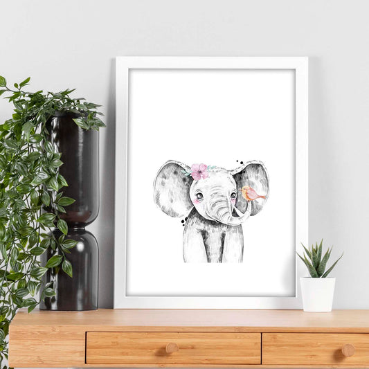Lámina infantil Elefante infantil con flor y pajaro Poster animales infantiles-Artwork-Nacnic-Nacnic Estudio SL