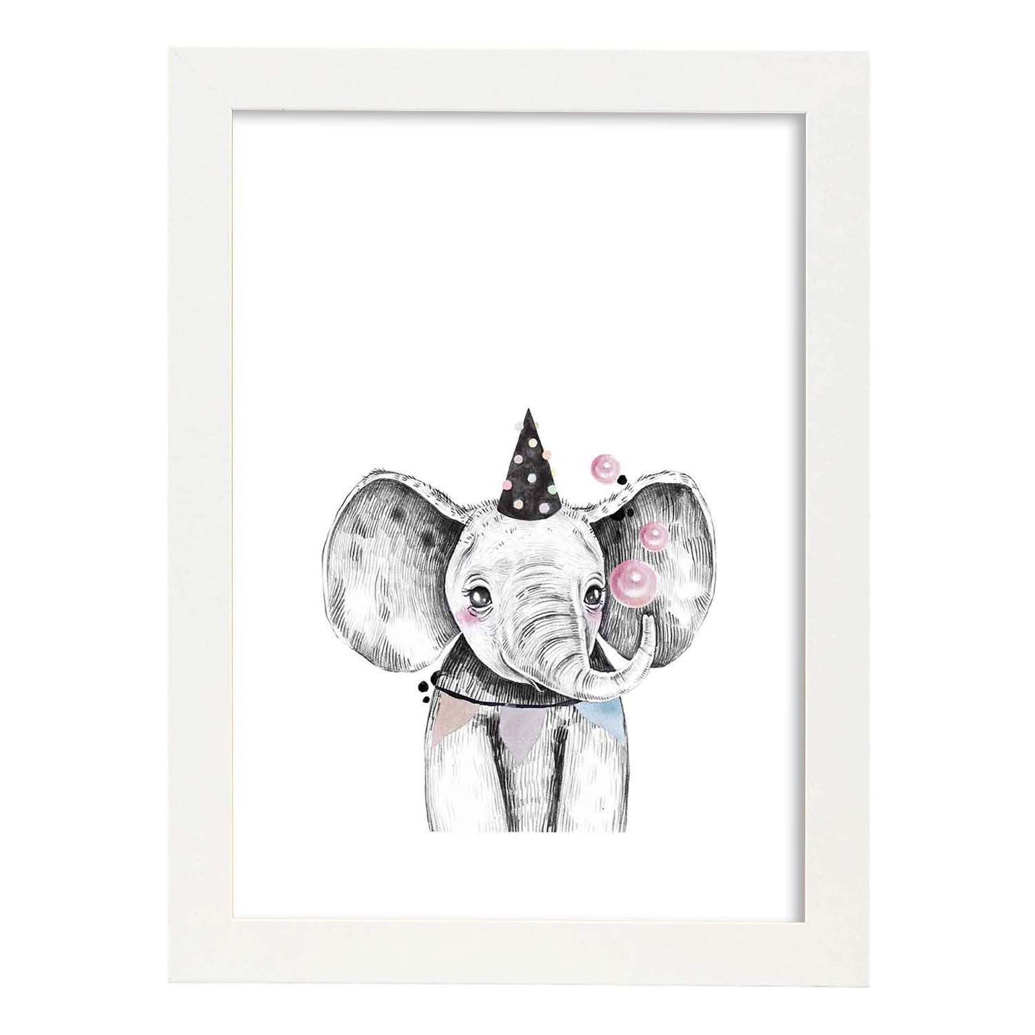 Lámina infantil Elefante infantil de fiesta Poster animales infantiles-Artwork-Nacnic-A3-Marco Blanco-Nacnic Estudio SL