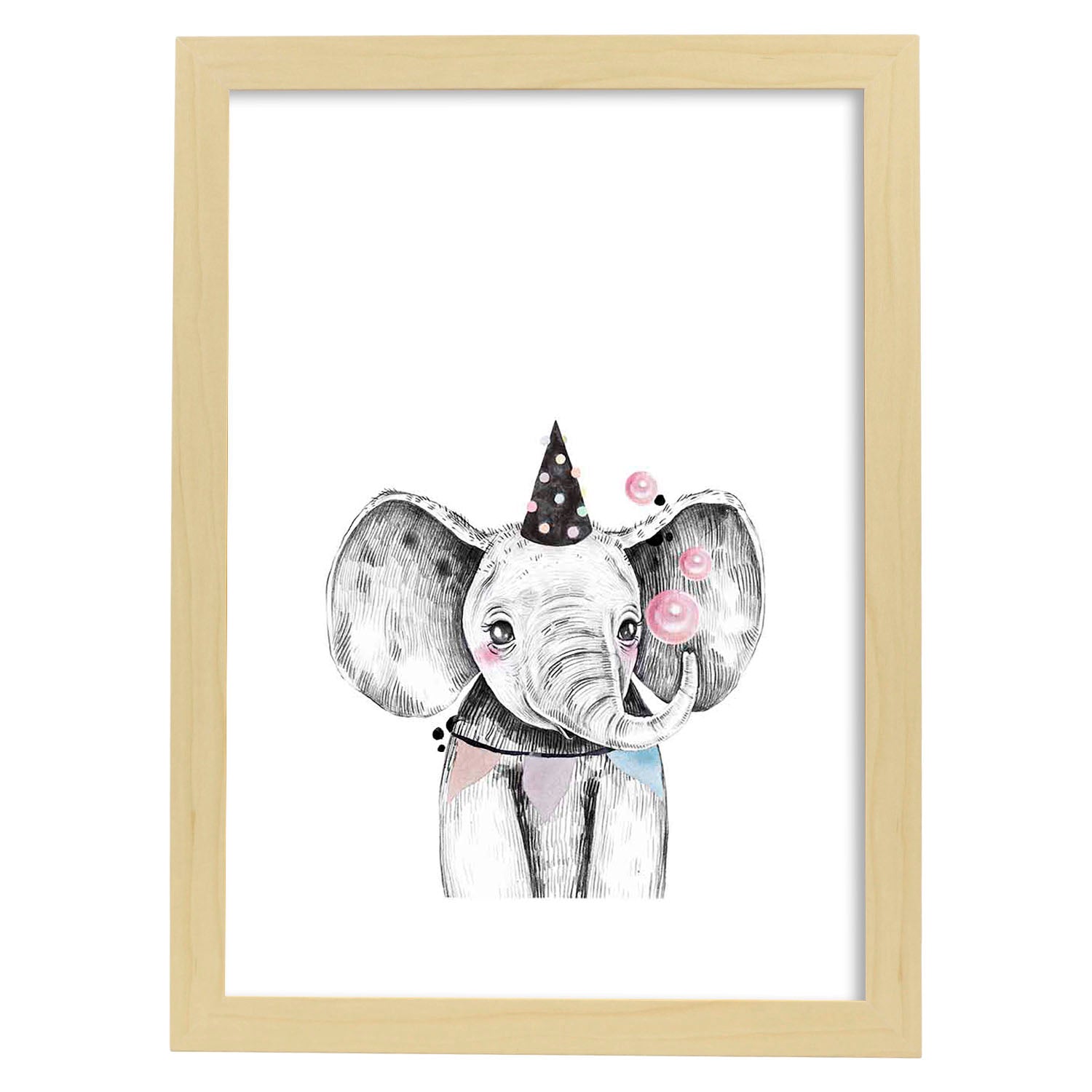 Lámina infantil Elefante infantil de fiesta Poster animales infantiles-Artwork-Nacnic-A3-Marco Madera clara-Nacnic Estudio SL