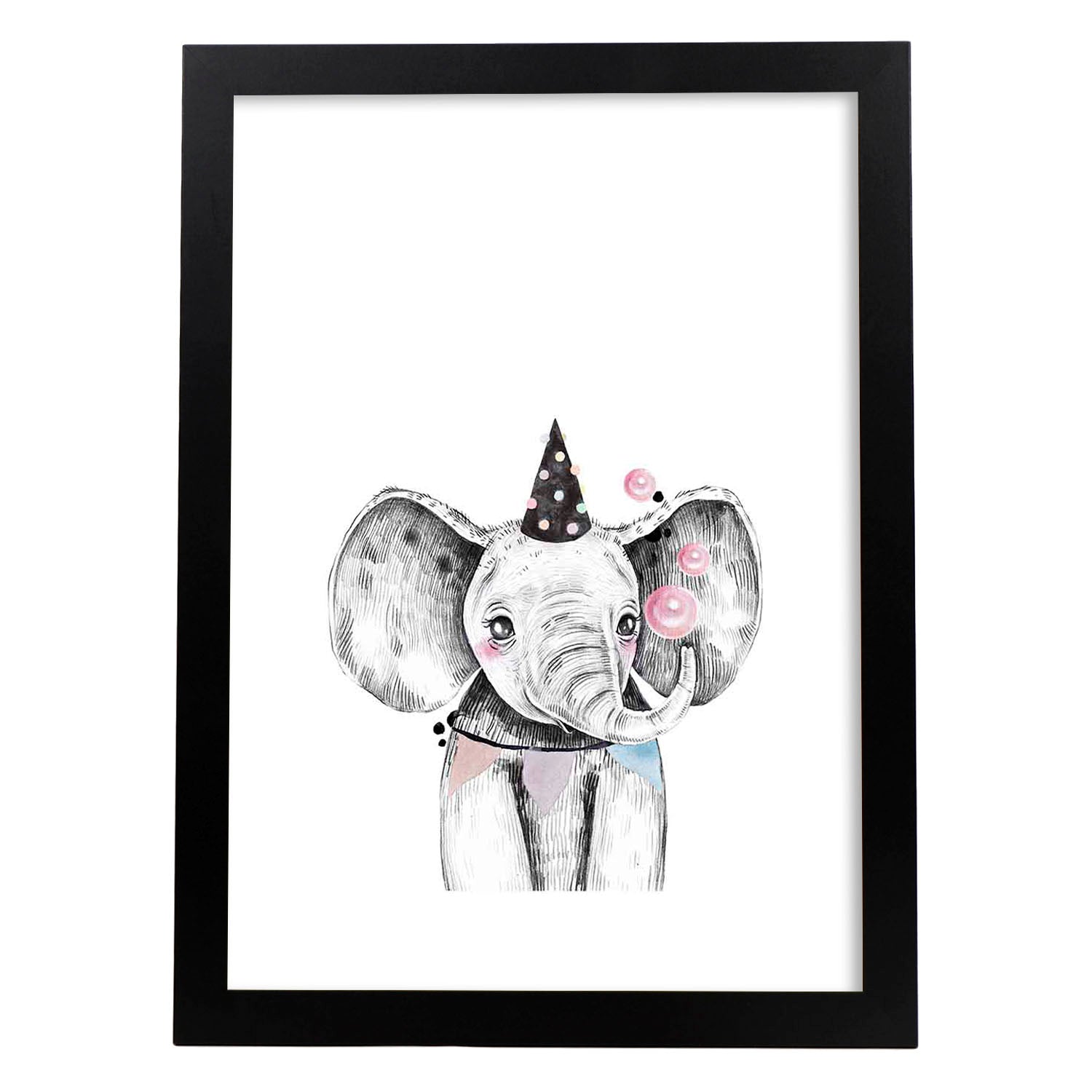 Lámina infantil Elefante infantil de fiesta Poster animales infantiles-Artwork-Nacnic-A3-Marco Negro-Nacnic Estudio SL