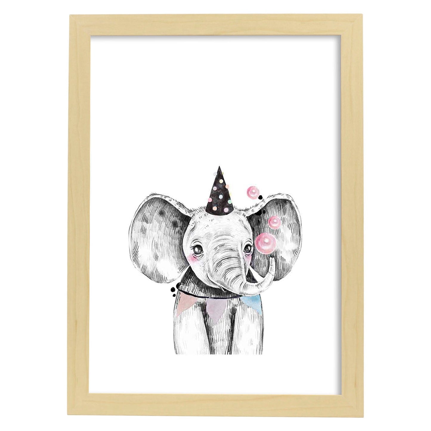Lámina infantil Elefante infantil de fiesta Poster animales infantiles-Artwork-Nacnic-A4-Marco Madera clara-Nacnic Estudio SL