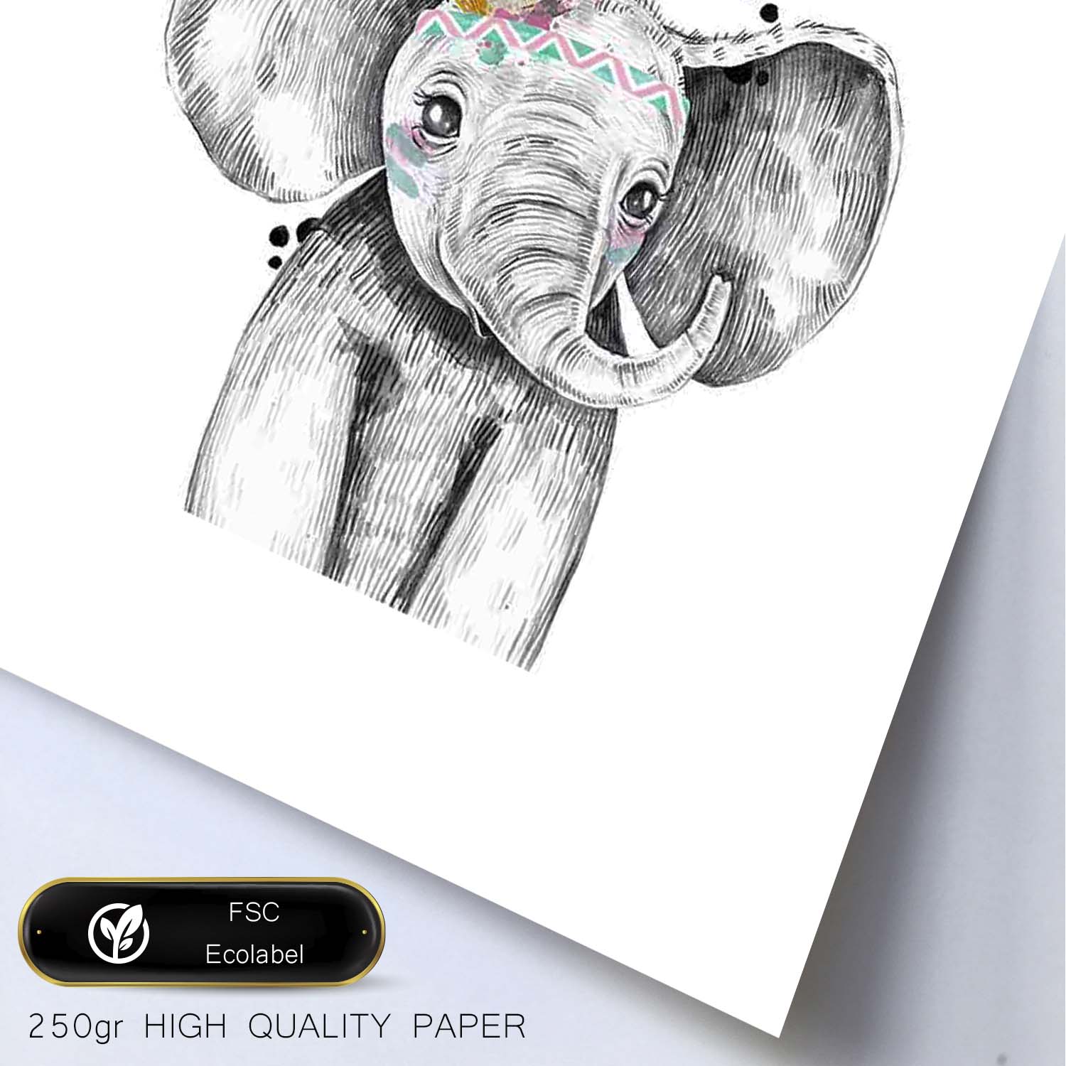 Lámina infantil Elefante infantil plumas en la cabeza Poster animales infantiles-Artwork-Nacnic-Nacnic Estudio SL