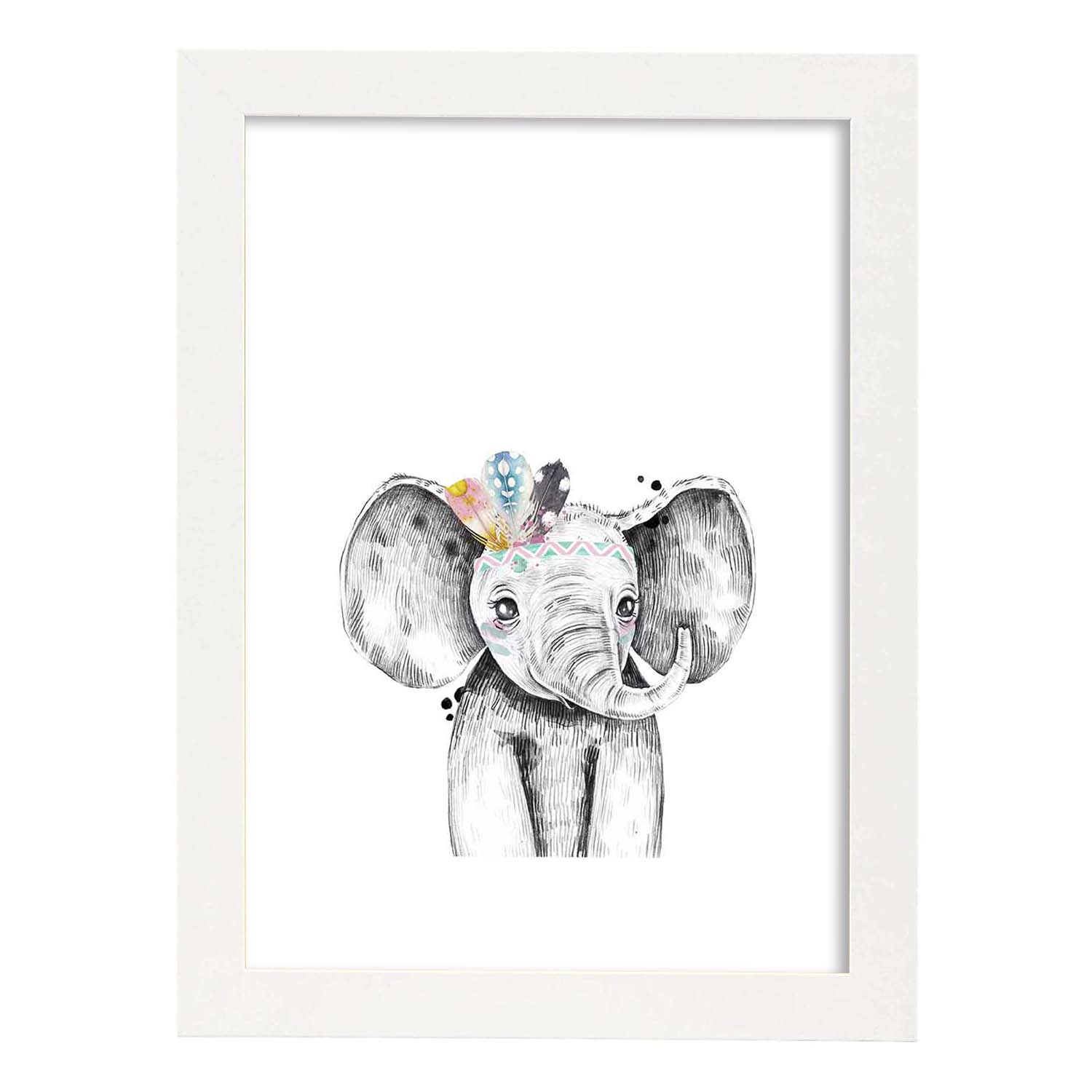 Lámina infantil Elefante infantil plumas en la cabeza Poster animales infantiles-Artwork-Nacnic-A3-Marco Blanco-Nacnic Estudio SL