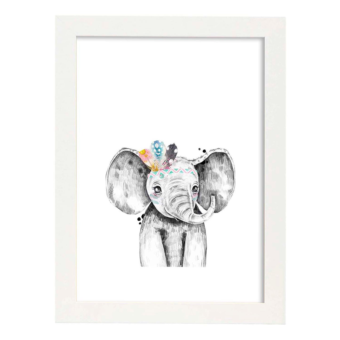 Lámina infantil Elefante infantil plumas en la cabeza Poster animales infantiles-Artwork-Nacnic-A3-Marco Blanco-Nacnic Estudio SL