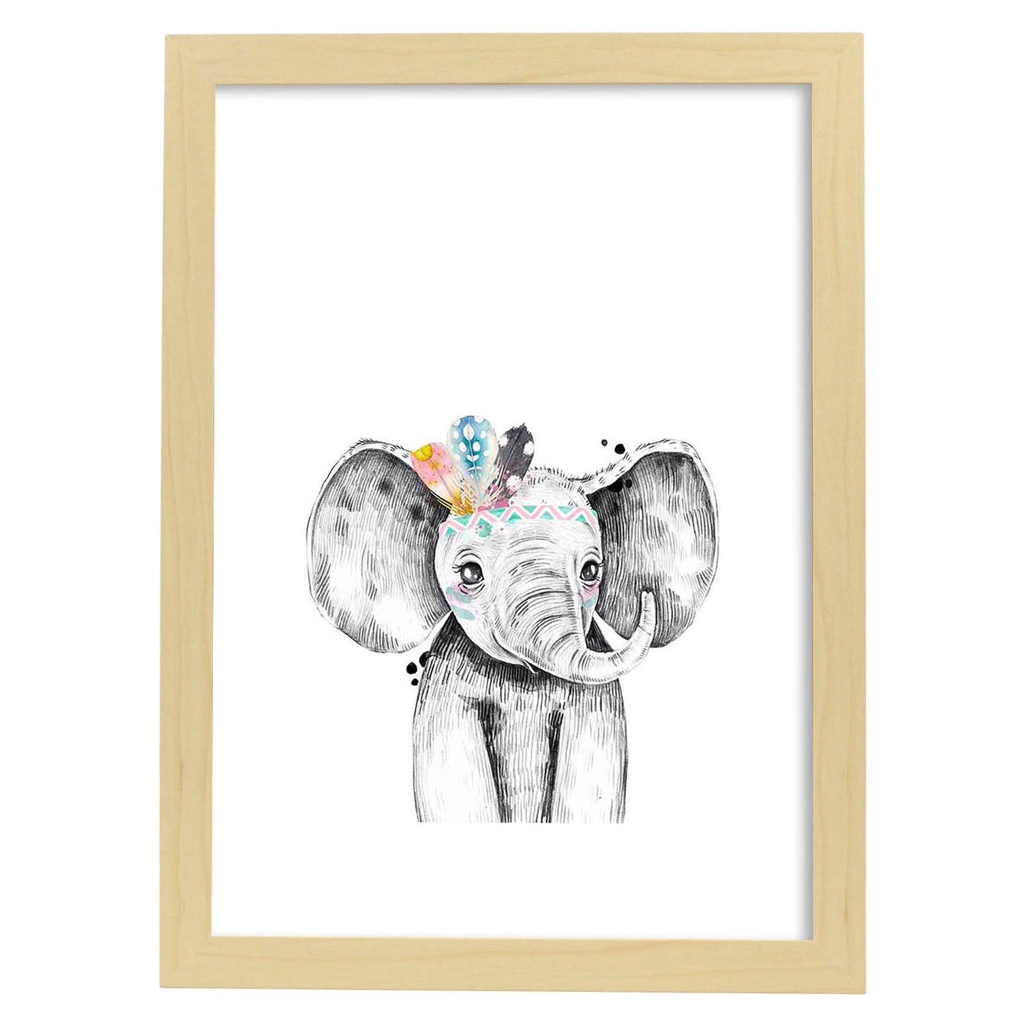 Lámina infantil Elefante infantil plumas en la cabeza Poster animales infantiles-Artwork-Nacnic-A3-Marco Madera clara-Nacnic Estudio SL