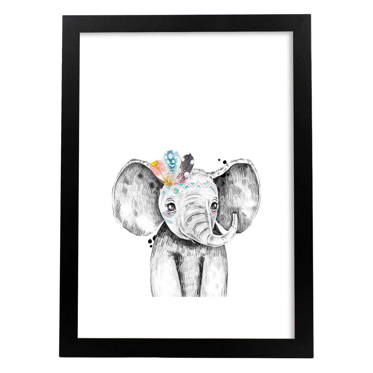 Lámina infantil Elefante infantil plumas en la cabeza Poster animales infantiles-Artwork-Nacnic-A3-Marco Negro-Nacnic Estudio SL