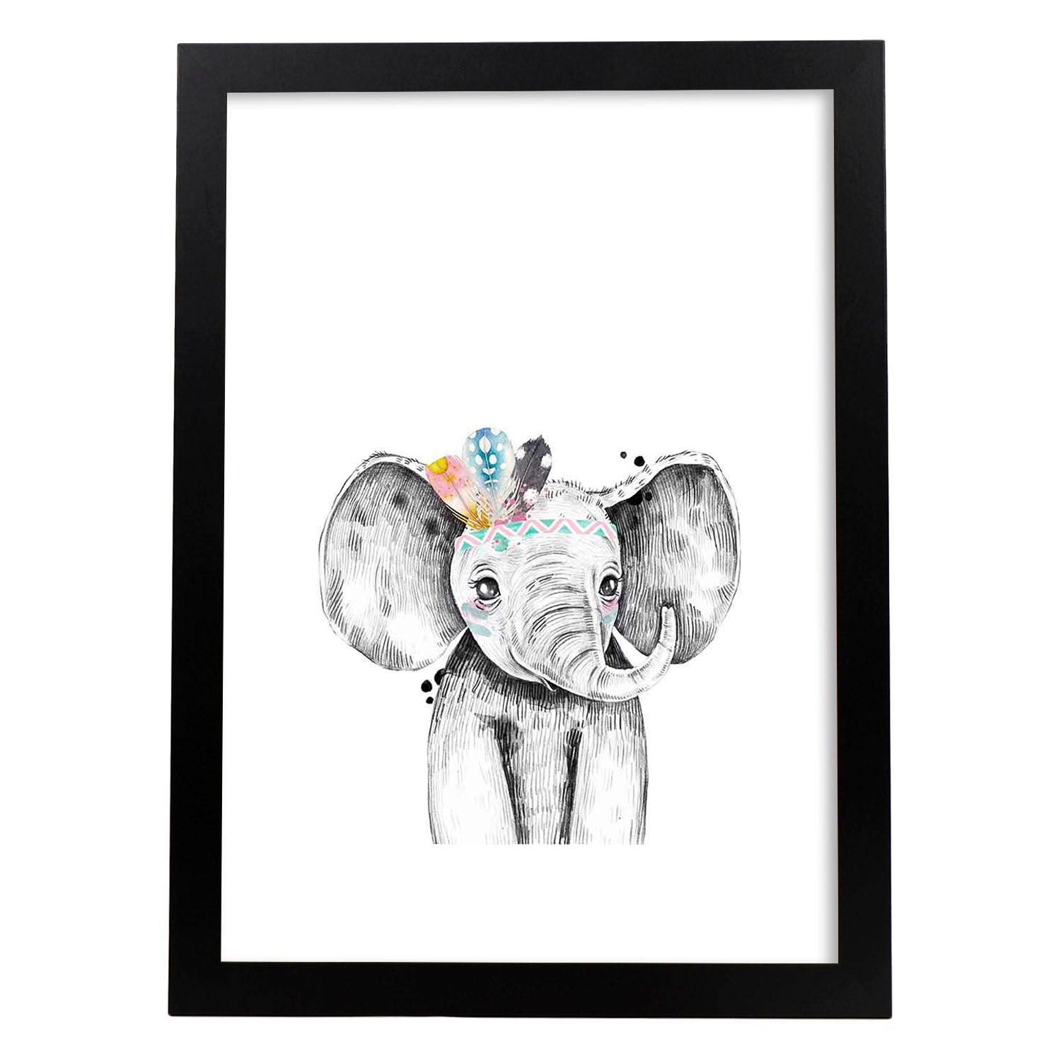Lámina infantil Elefante infantil plumas en la cabeza Poster animales infantiles-Artwork-Nacnic-A4-Marco Negro-Nacnic Estudio SL