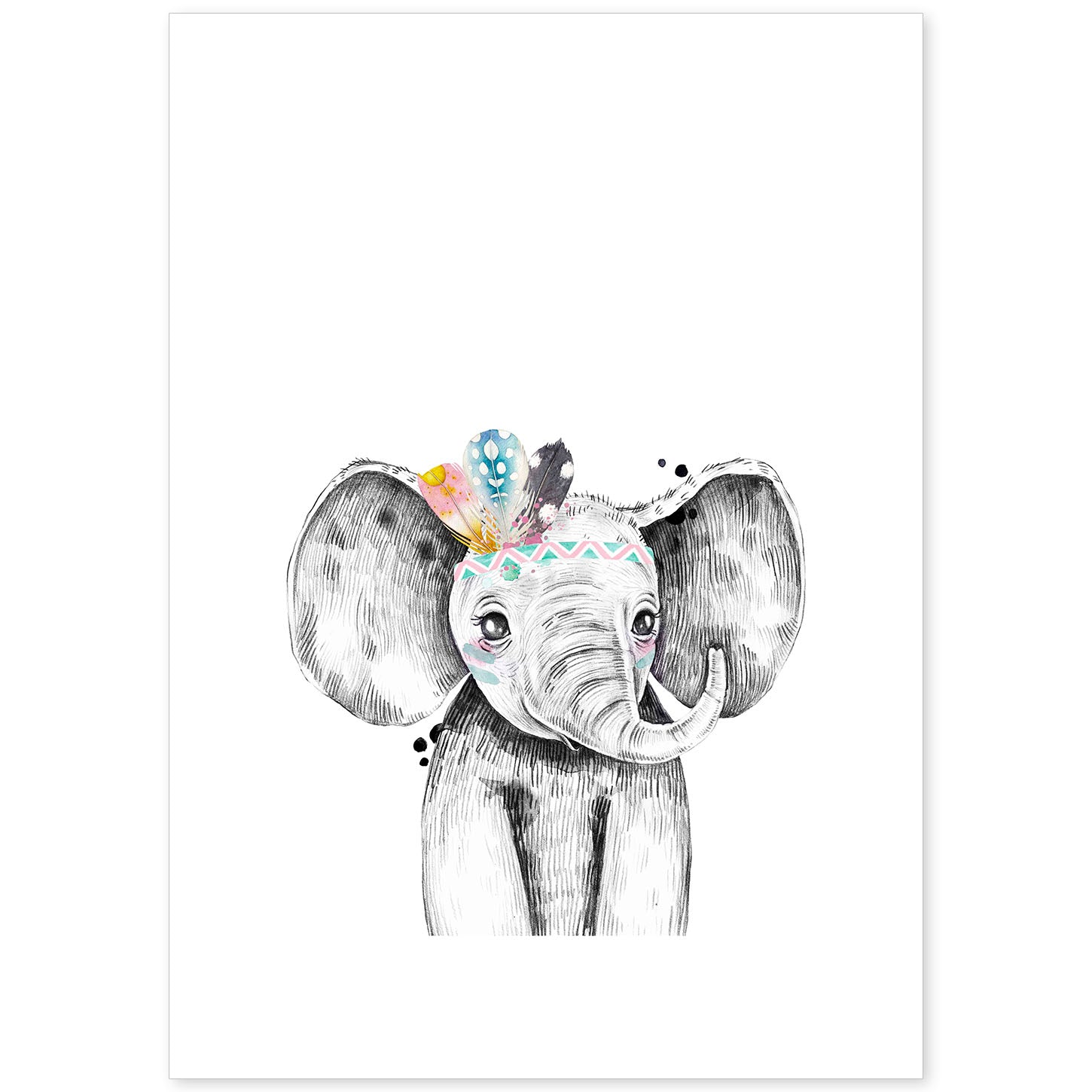 Lámina infantil Elefante infantil plumas en la cabeza Poster animales infantiles-Artwork-Nacnic-A4-Sin marco-Nacnic Estudio SL