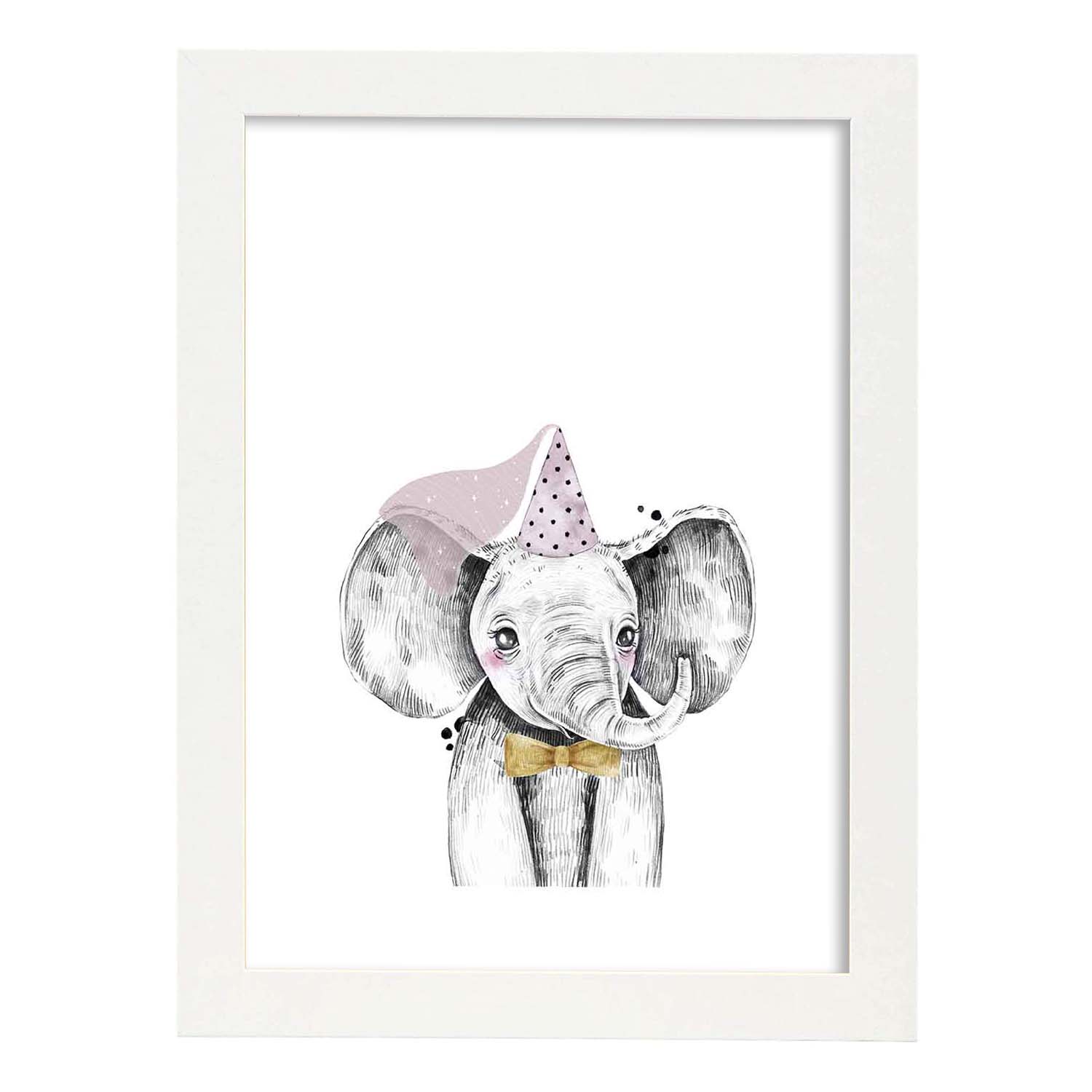 Lámina infantil Elefante infantil princesa Poster animales infantiles-Artwork-Nacnic-A4-Marco Blanco-Nacnic Estudio SL