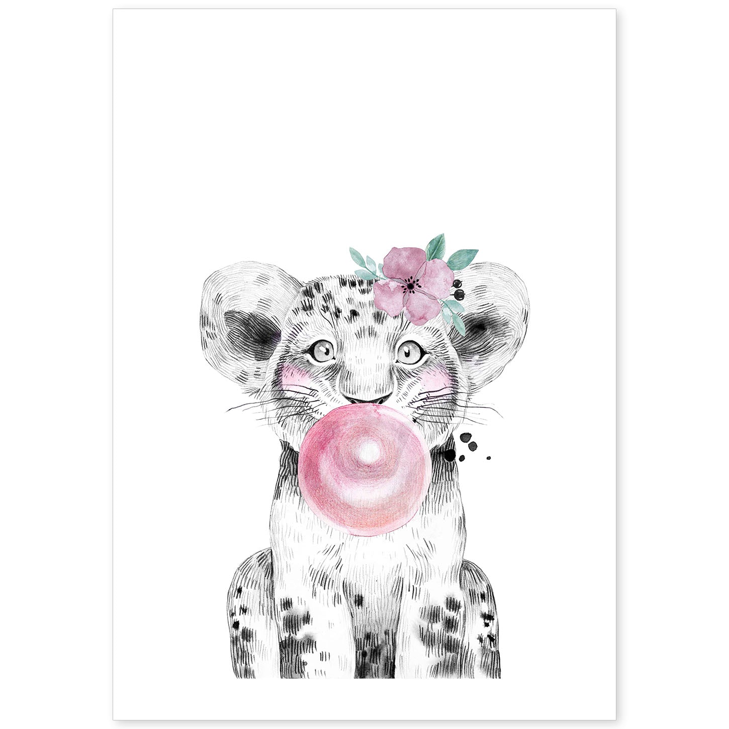 Lámina infantil Leon infantil con chicle y flores poster animales infantiles-Artwork-Nacnic-A4-Sin marco-Nacnic Estudio SL