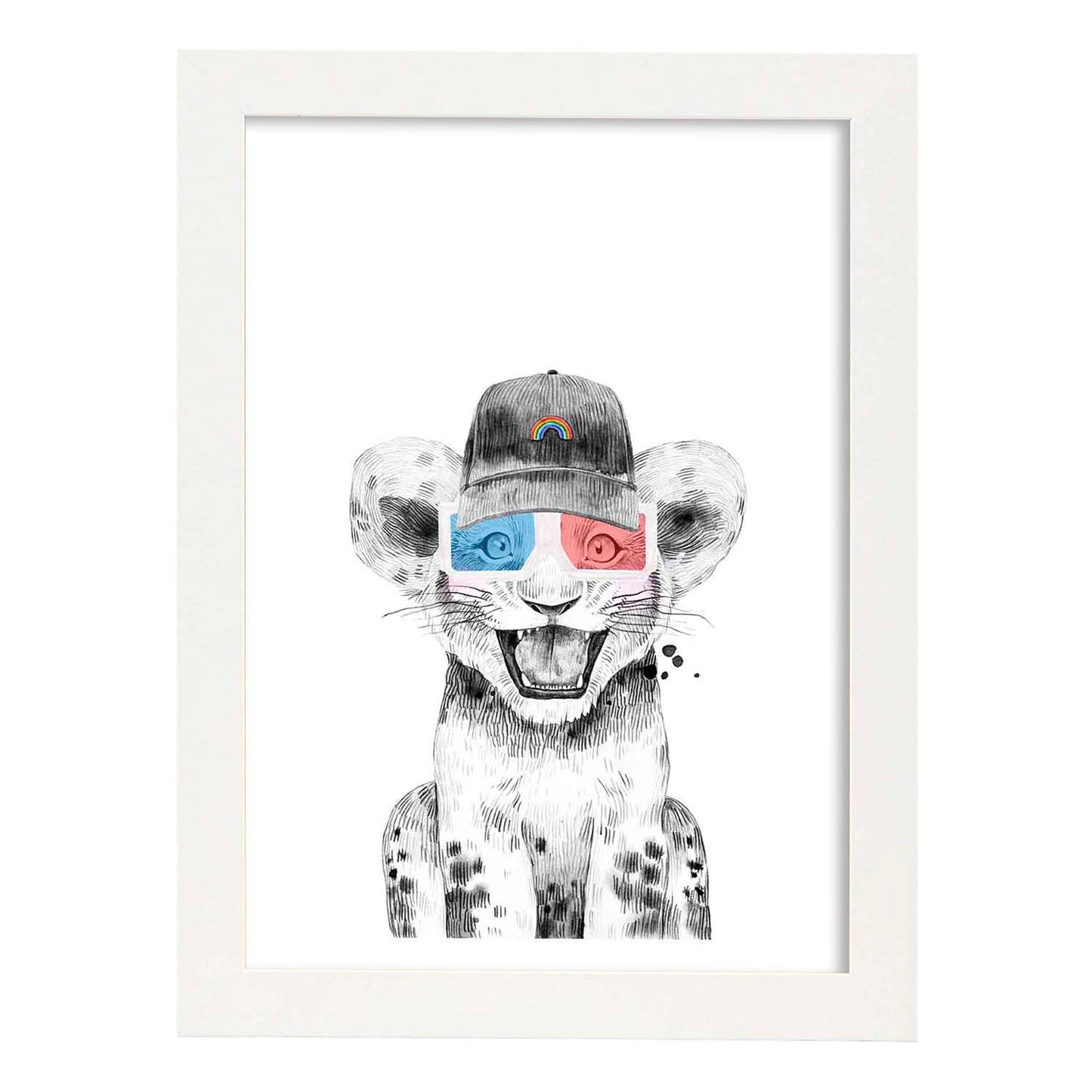 Lámina infantil Leon infantil con gorra y gafas 3D poster animales infantiles-Artwork-Nacnic-A3-Marco Blanco-Nacnic Estudio SL