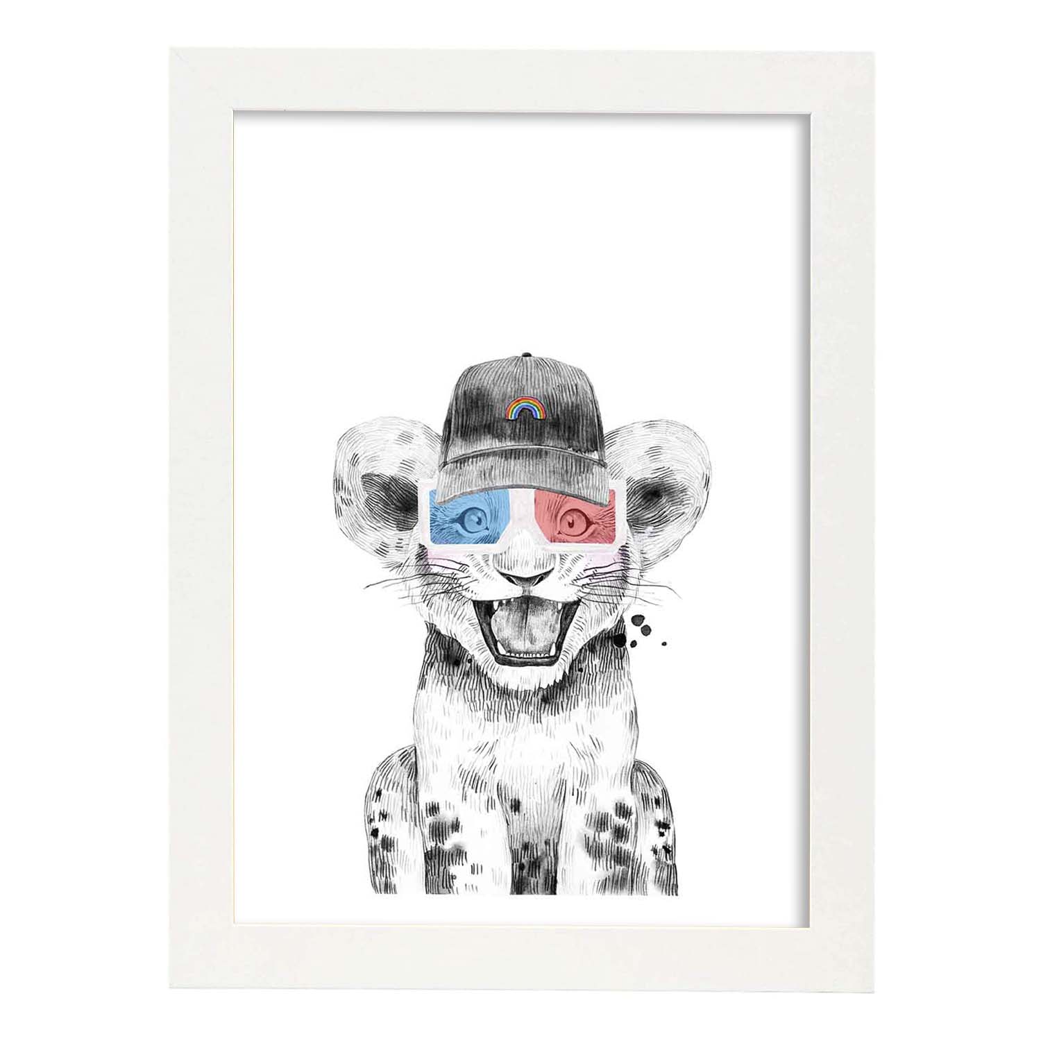 Lámina infantil Leon infantil con gorra y gafas 3D poster animales infantiles-Artwork-Nacnic-A3-Marco Blanco-Nacnic Estudio SL