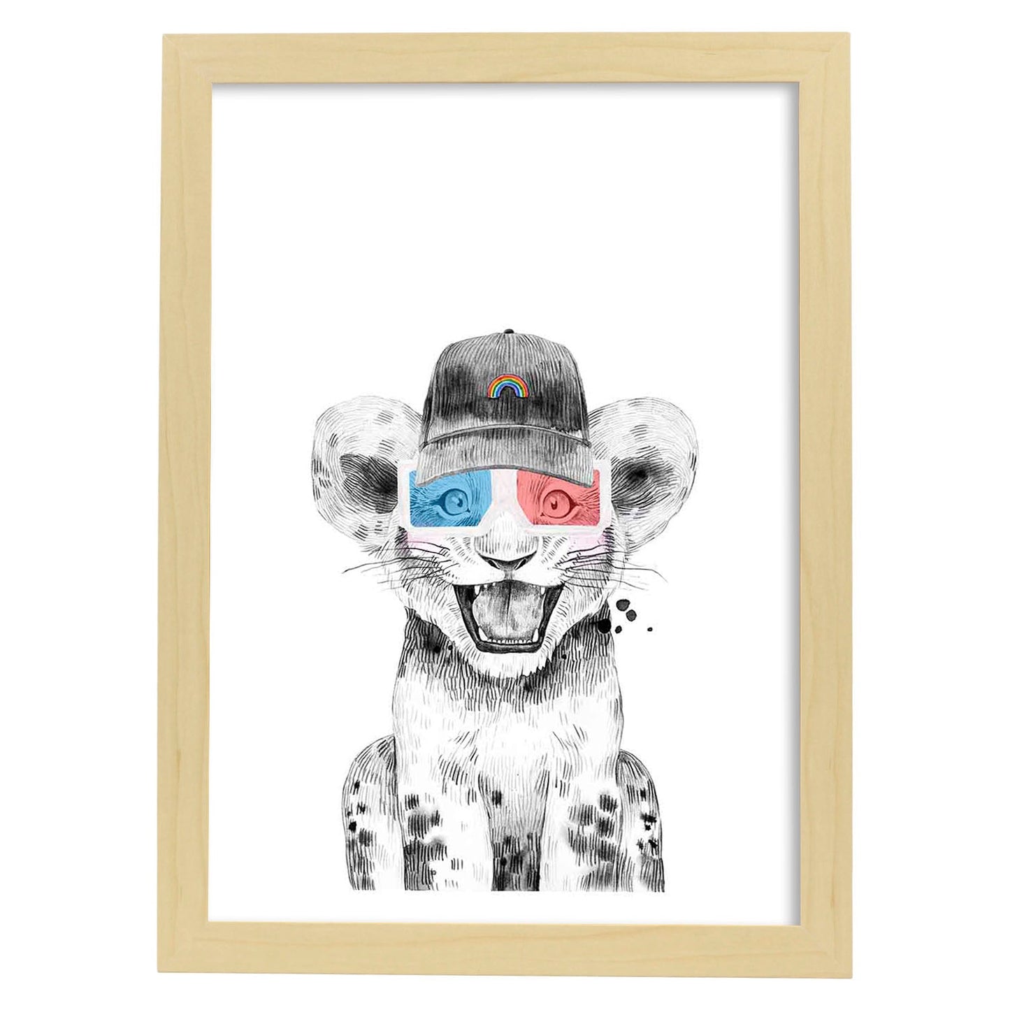 Lámina infantil Leon infantil con gorra y gafas 3D poster animales infantiles-Artwork-Nacnic-A3-Marco Madera clara-Nacnic Estudio SL