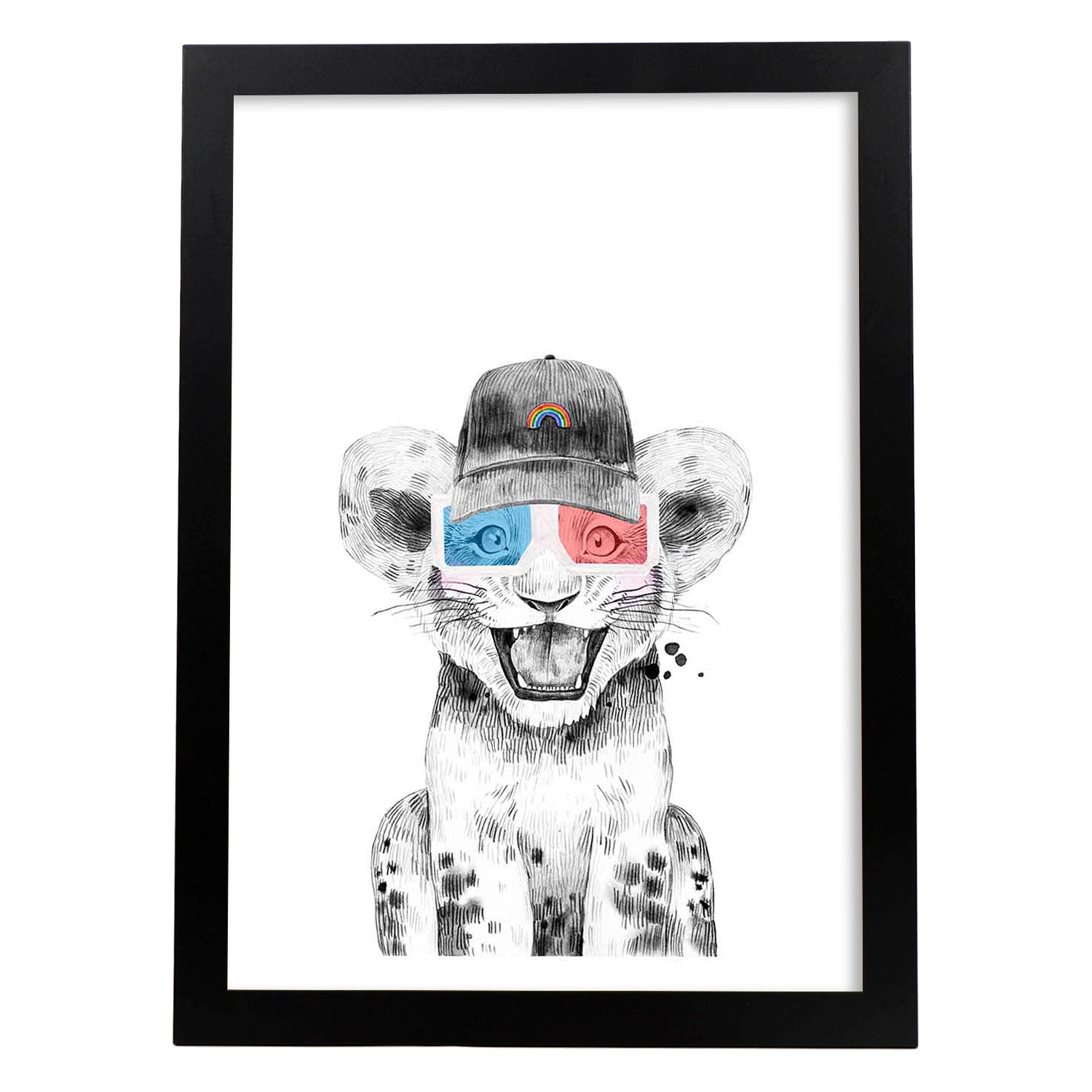 Lámina infantil Leon infantil con gorra y gafas 3D poster animales infantiles-Artwork-Nacnic-A3-Marco Negro-Nacnic Estudio SL