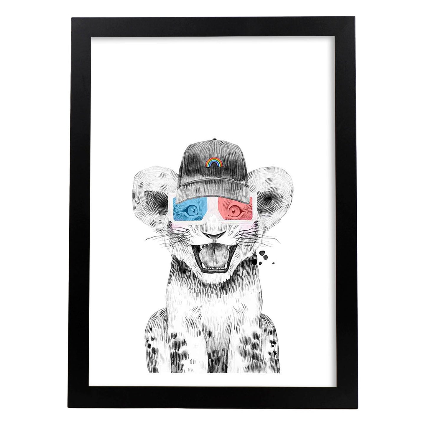 Lámina infantil Leon infantil con gorra y gafas 3D poster animales infantiles-Artwork-Nacnic-A3-Marco Negro-Nacnic Estudio SL