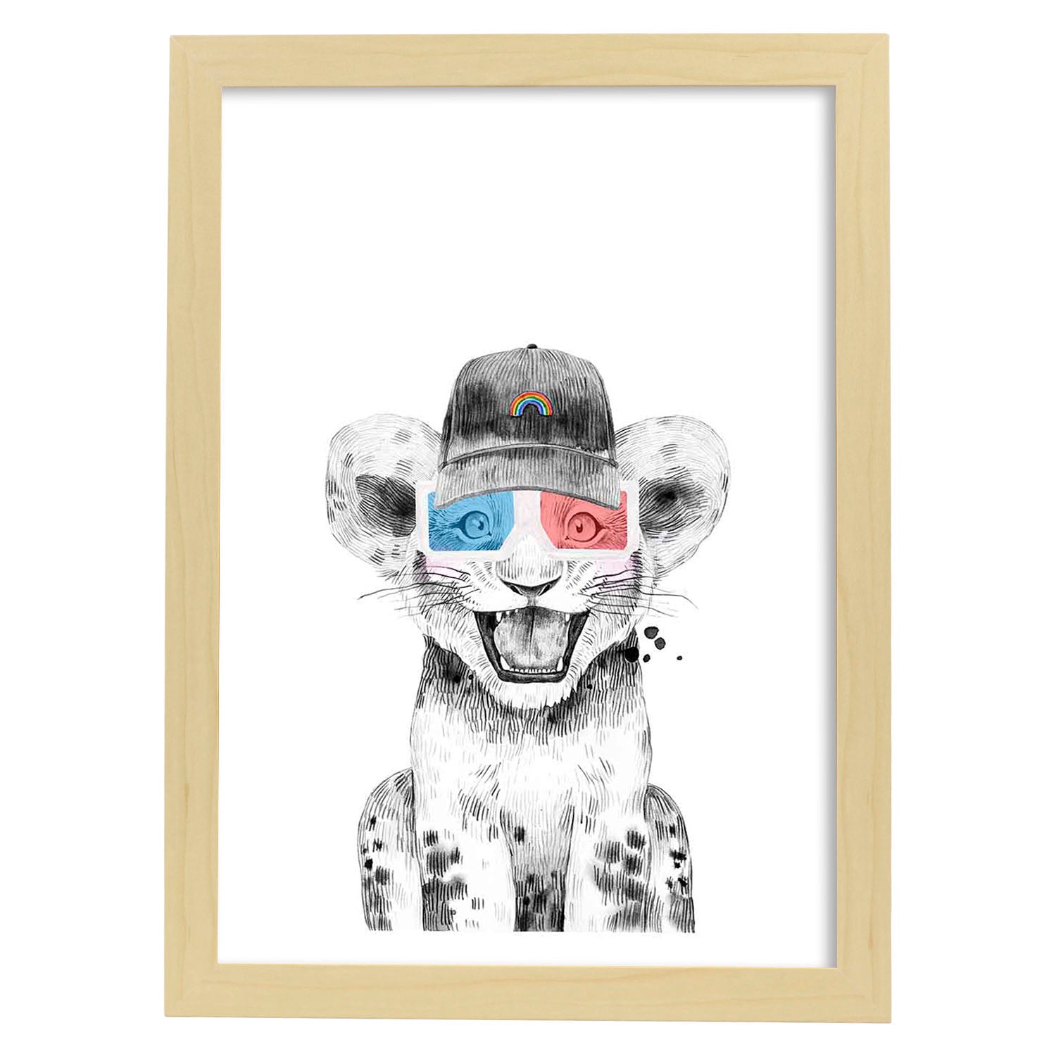 Lámina infantil Leon infantil con gorra y gafas 3D poster animales infantiles-Artwork-Nacnic-A4-Marco Madera clara-Nacnic Estudio SL