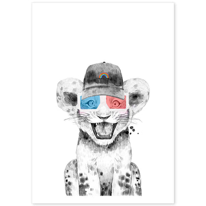 Lámina infantil Leon infantil con gorra y gafas 3D poster animales infantiles-Artwork-Nacnic-A4-Sin marco-Nacnic Estudio SL