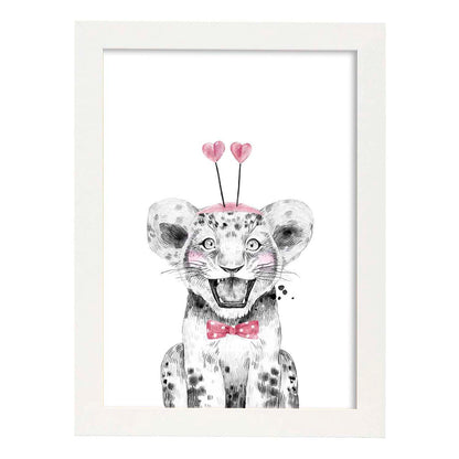 Lámina infantil Leon infantil con pajarita y sombrero poster animales infantiles-Artwork-Nacnic-A4-Marco Blanco-Nacnic Estudio SL