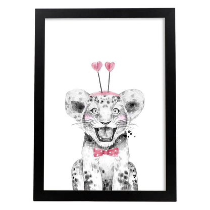 Lámina infantil Leon infantil con pajarita y sombrero poster animales infantiles-Artwork-Nacnic-A4-Marco Negro-Nacnic Estudio SL