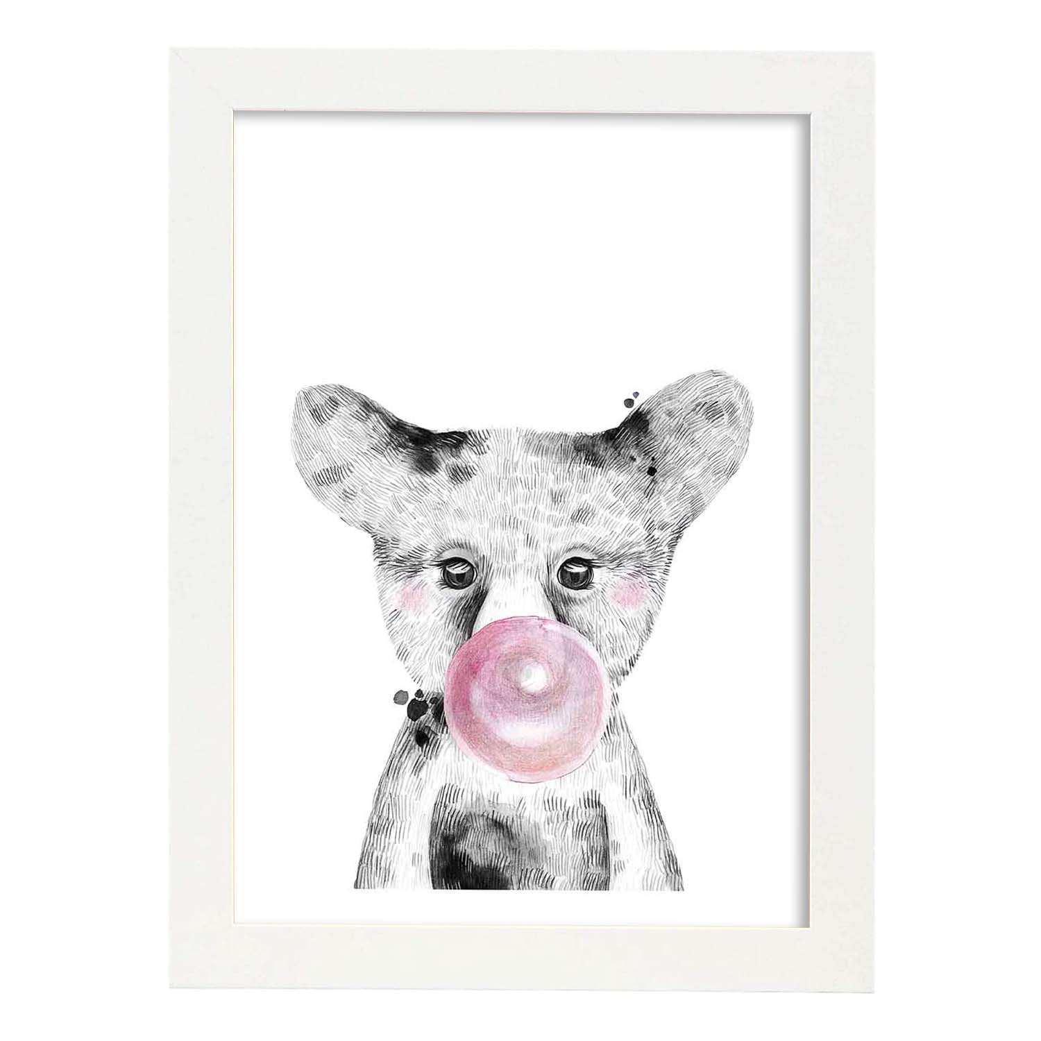 Lámina infantil Oso bebe con chicle rosa Poster animales infantiles-Artwork-Nacnic-A3-Marco Blanco-Nacnic Estudio SL