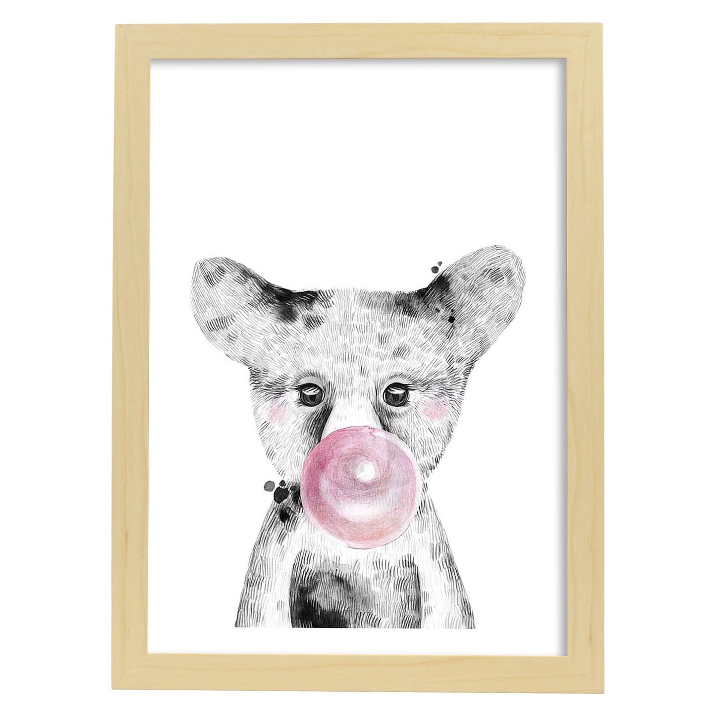 Lámina infantil Oso bebe con chicle rosa Poster animales infantiles-Artwork-Nacnic-A3-Marco Madera clara-Nacnic Estudio SL