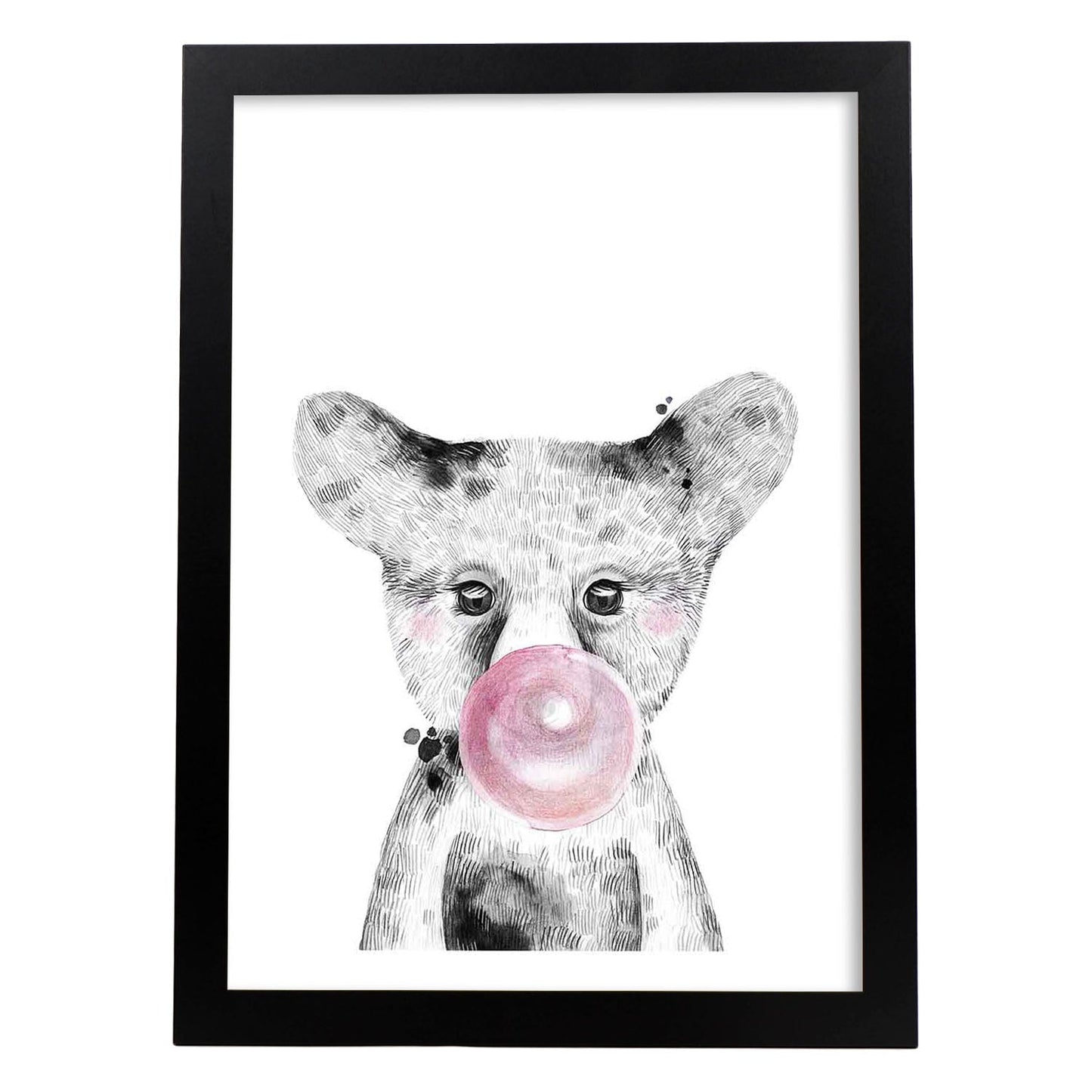 Lámina infantil Oso bebe con chicle rosa Poster animales infantiles-Artwork-Nacnic-A3-Marco Negro-Nacnic Estudio SL