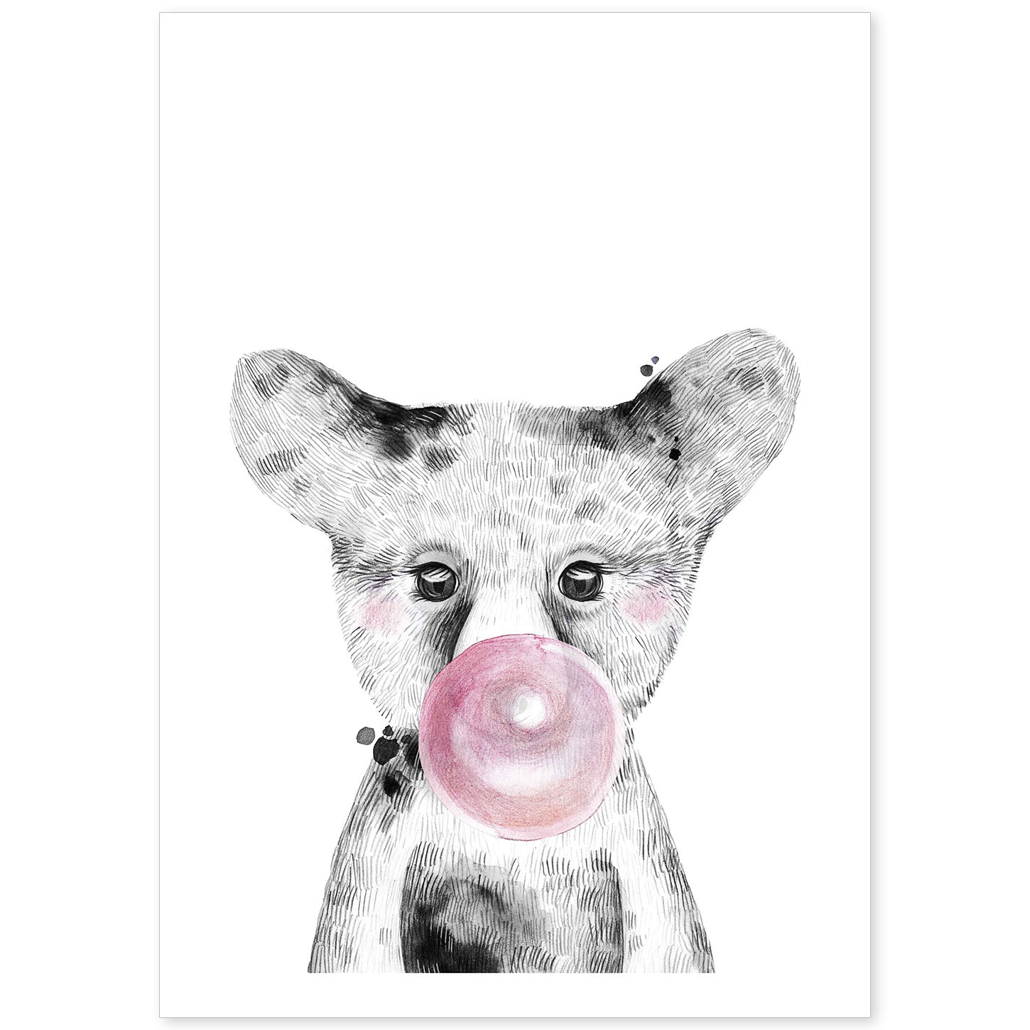 Lámina infantil Oso bebe con chicle rosa Poster animales infantiles-Artwork-Nacnic-A4-Sin marco-Nacnic Estudio SL