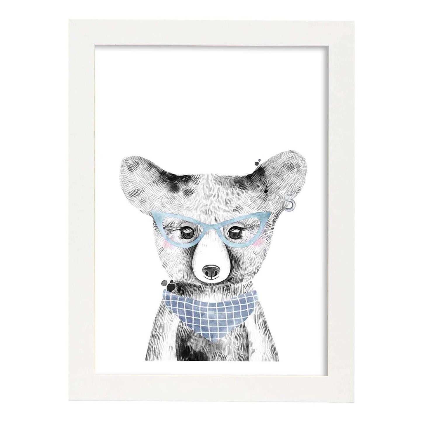 Lámina infantil Oso bebe con gafas azules y bandana Poster animales infantiles-Artwork-Nacnic-A3-Marco Blanco-Nacnic Estudio SL