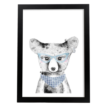 Lámina infantil Oso bebe con gafas azules y bandana Poster animales infantiles-Artwork-Nacnic-A4-Marco Negro-Nacnic Estudio SL