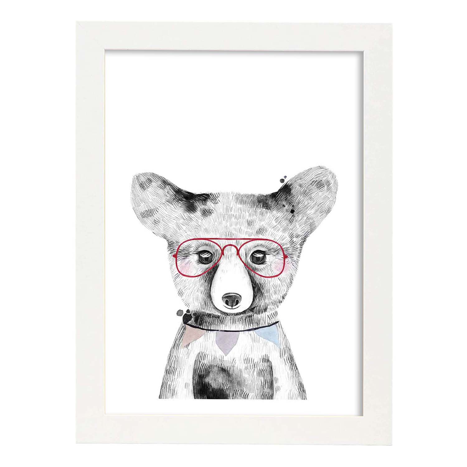 Lámina infantil Oso bebe con gafas rojas Poster animales infantiles-Artwork-Nacnic-A3-Marco Blanco-Nacnic Estudio SL