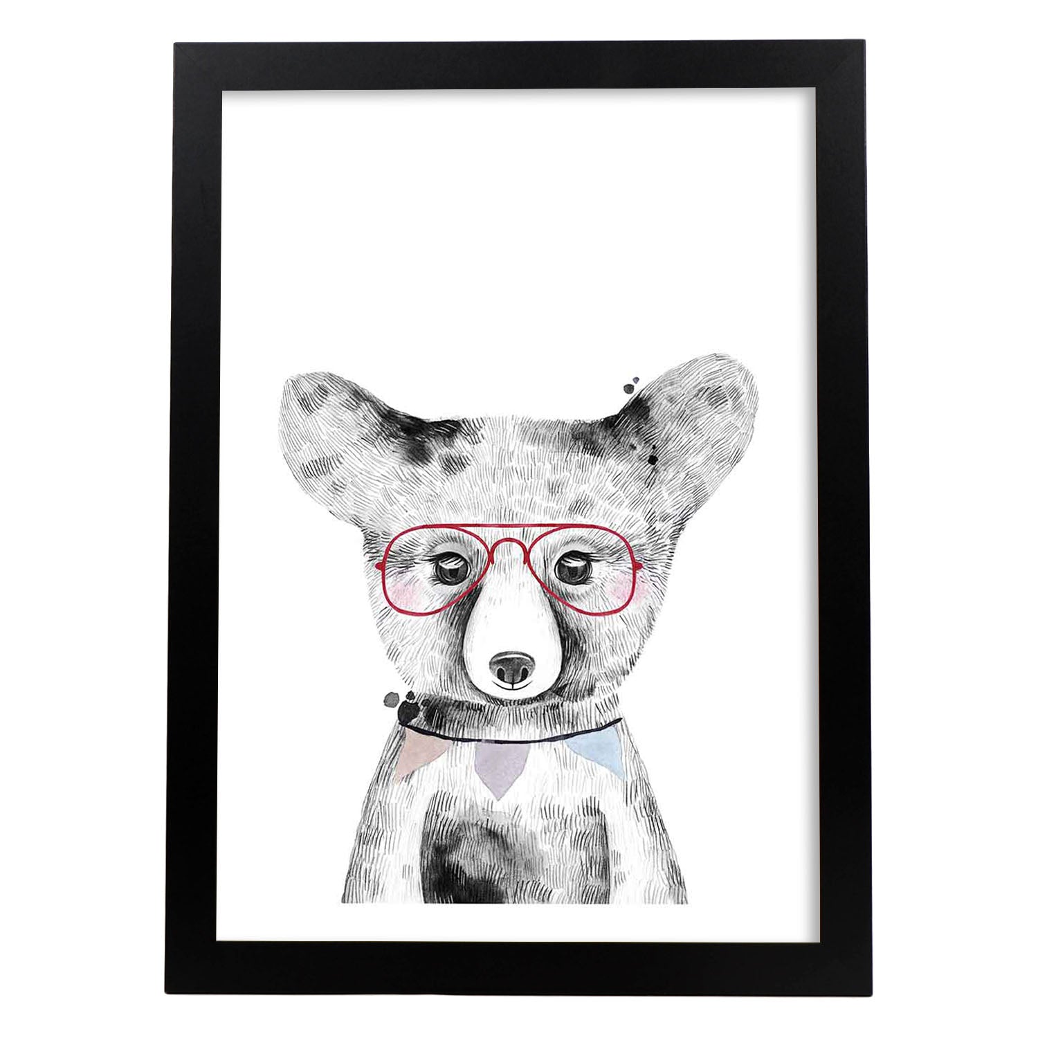 Lámina infantil Oso bebe con gafas rojas Poster animales infantiles-Artwork-Nacnic-A3-Marco Negro-Nacnic Estudio SL
